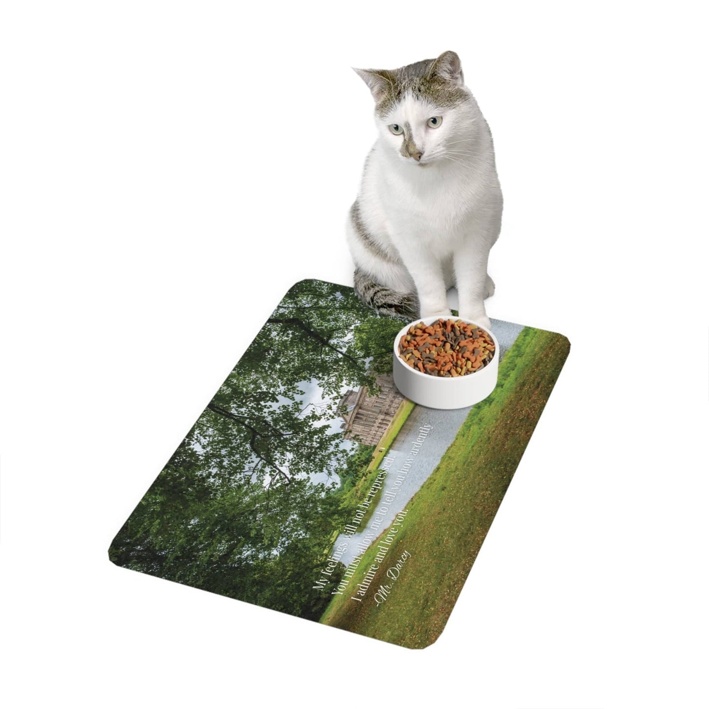 Printify Florida Villages of Pet Food Mat — Pride & Prejudice Mr. Darcy Quote with Scenic Manor Design (12x18)