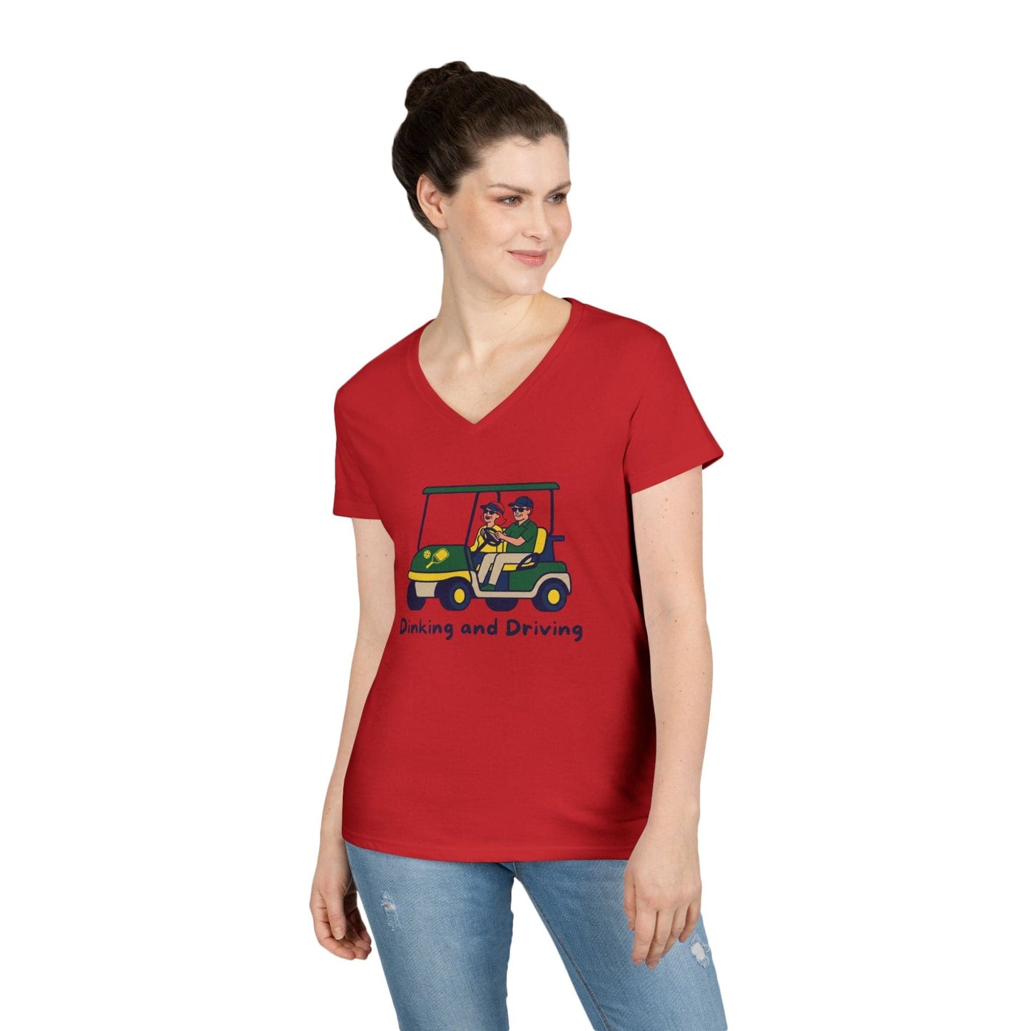 Take the 2nd Exit Florida Villages of Pickleball Couple V-Neck T-Shirt — 'Dinking and Driving' Golf Cart Design