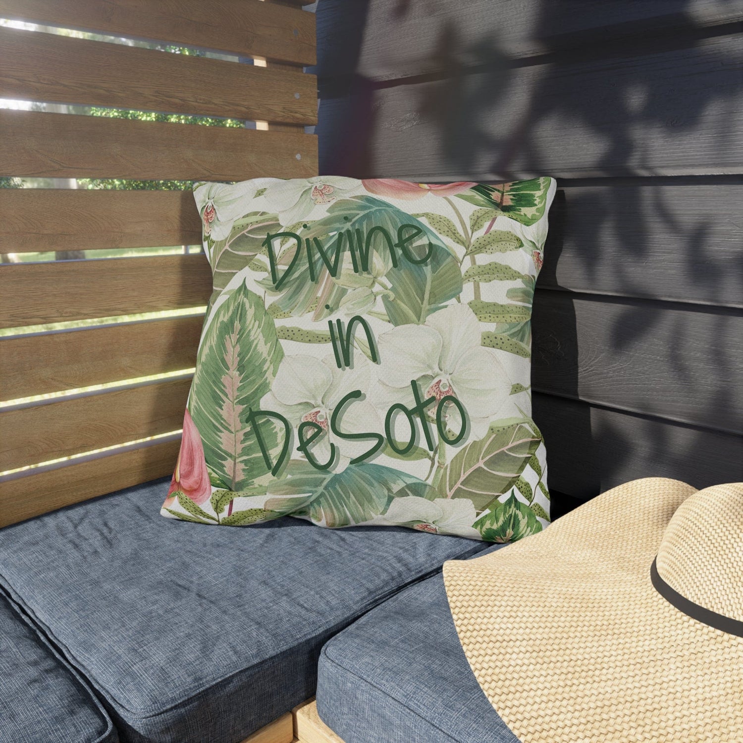 Pillow with name of a village in The Villages, FL and tropical flower design