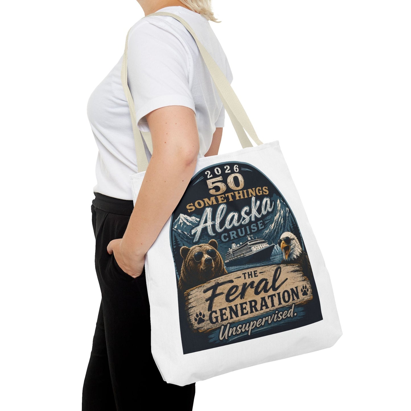 Printify Florida Villages of  Alaska Cruise 2026 Tote Bag — "50 Somethings Feral Generation" Souvenir Tote