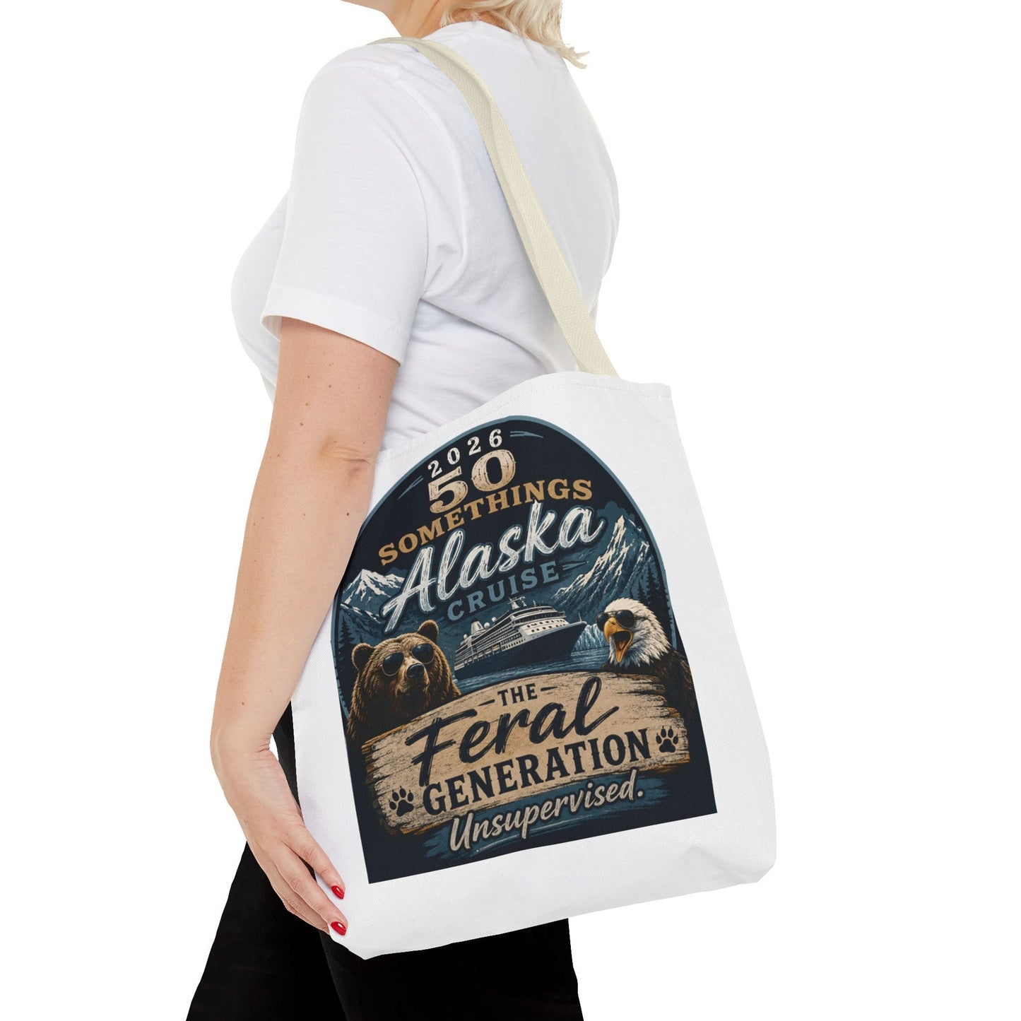 Printify Florida Villages of  Alaska Cruise 2026 Tote Bag — "50 Somethings Feral Generation" Souvenir Tote