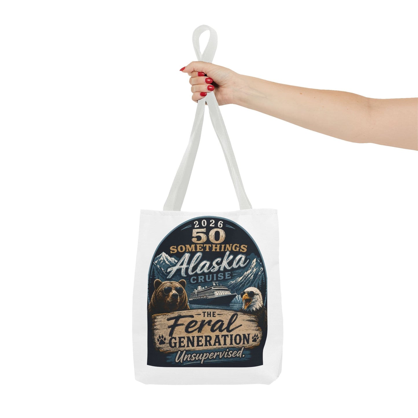 Printify Florida Villages of  Alaska Cruise 2026 Tote Bag — "50 Somethings Feral Generation" Souvenir Tote