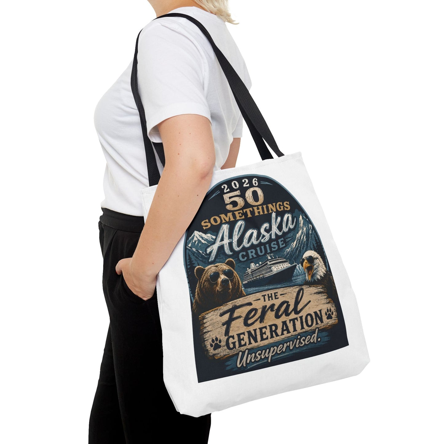 Printify Florida Villages of  Alaska Cruise 2026 Tote Bag — "50 Somethings Feral Generation" Souvenir Tote