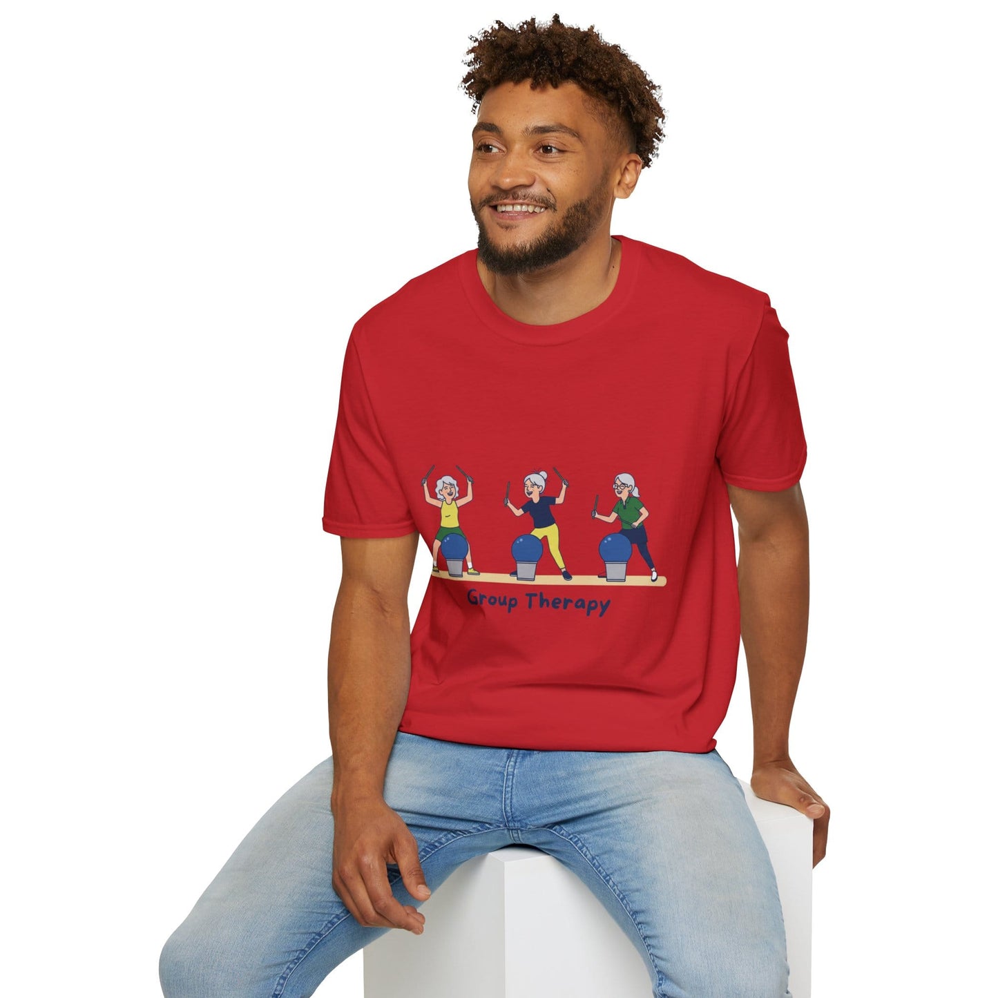 Printify Florida Villages of  Cardio Drumming "Group Therapy" T-Shirt — TT2E Characters (Seniors) Shirts: White, Black, Navy, Red