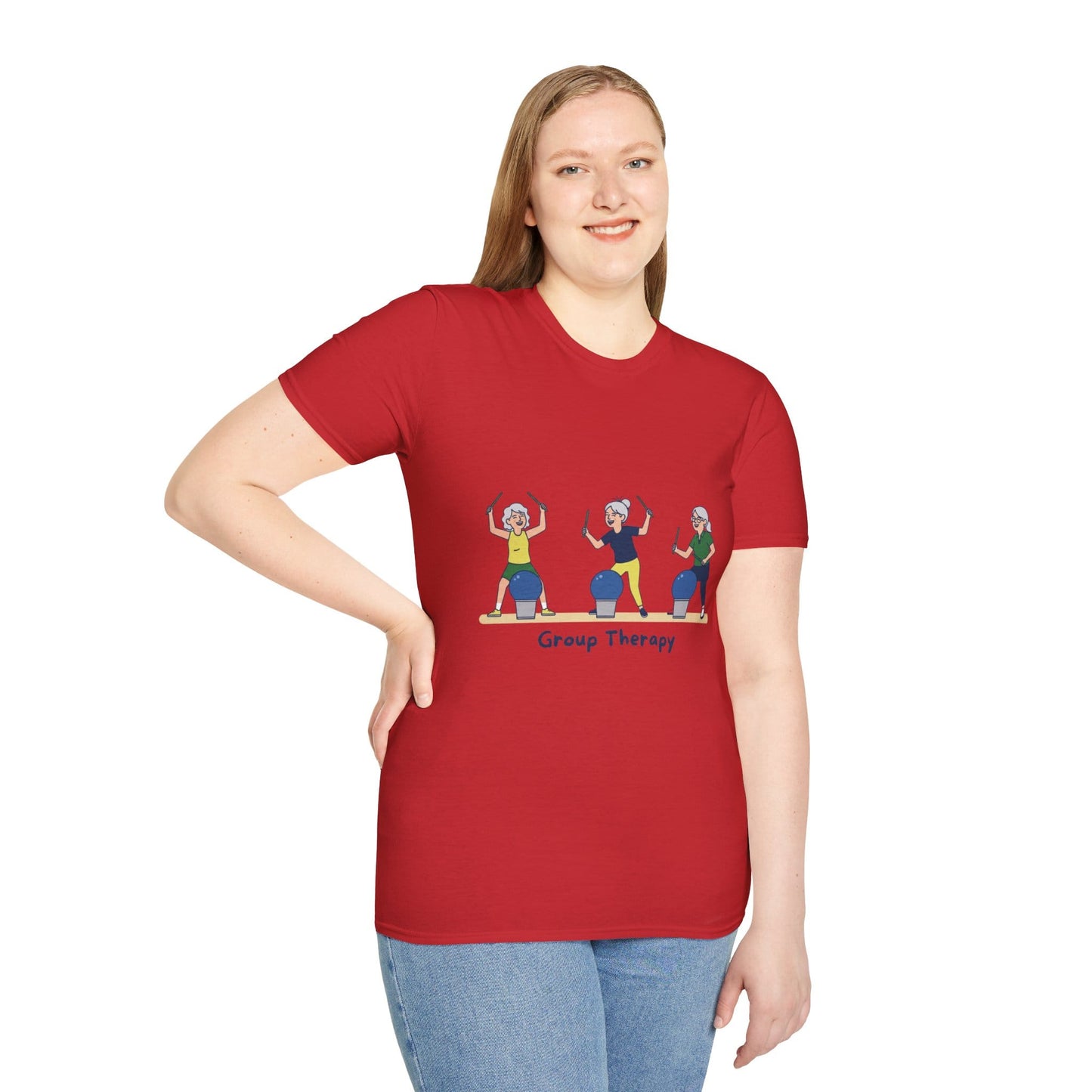 Printify Florida Villages of  Cardio Drumming "Group Therapy" T-Shirt — TT2E Characters (Seniors) Shirts: White, Black, Navy, Red