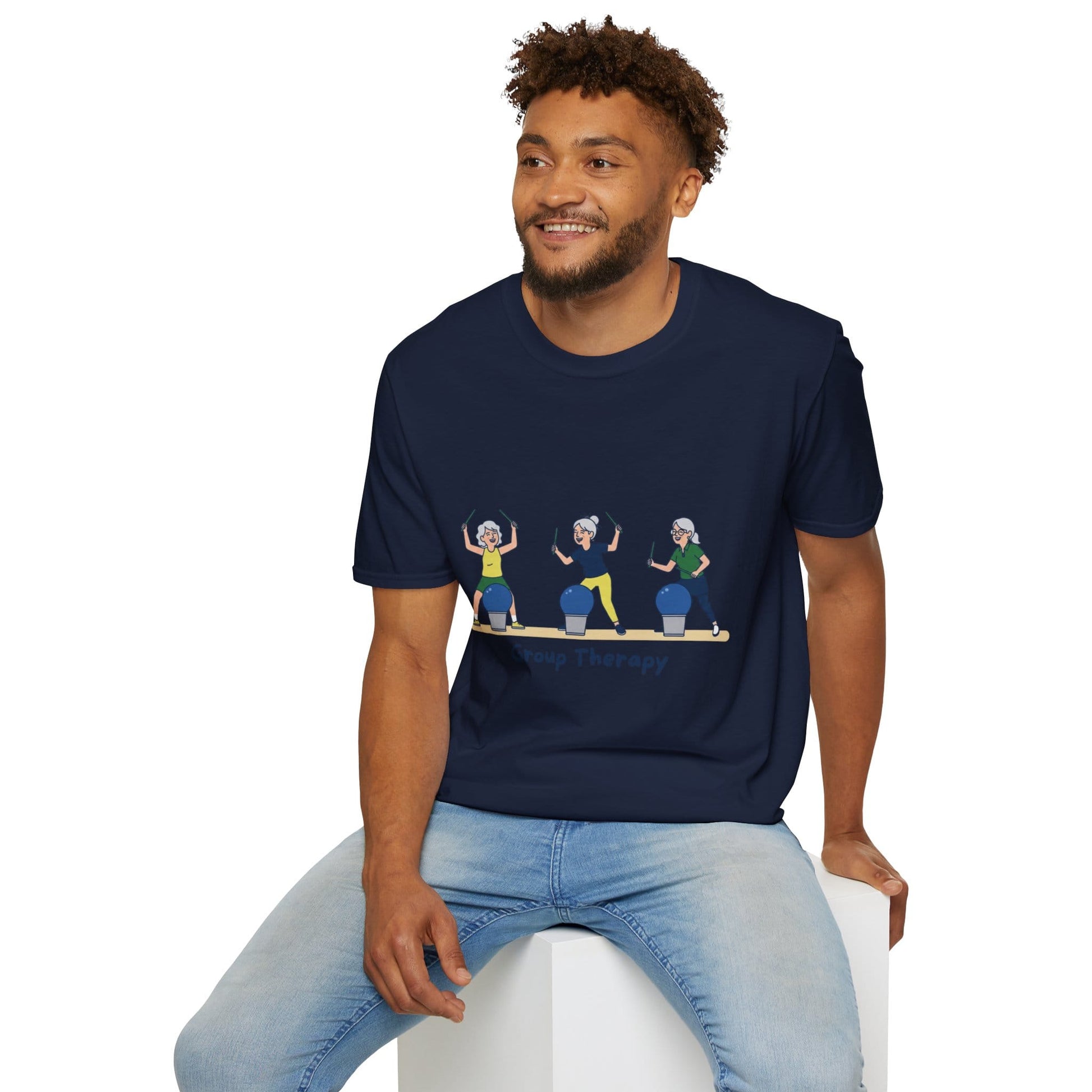 Printify Florida Villages of  Cardio Drumming "Group Therapy" T-Shirt — TT2E Characters (Seniors) Shirts: White, Black, Navy, Red