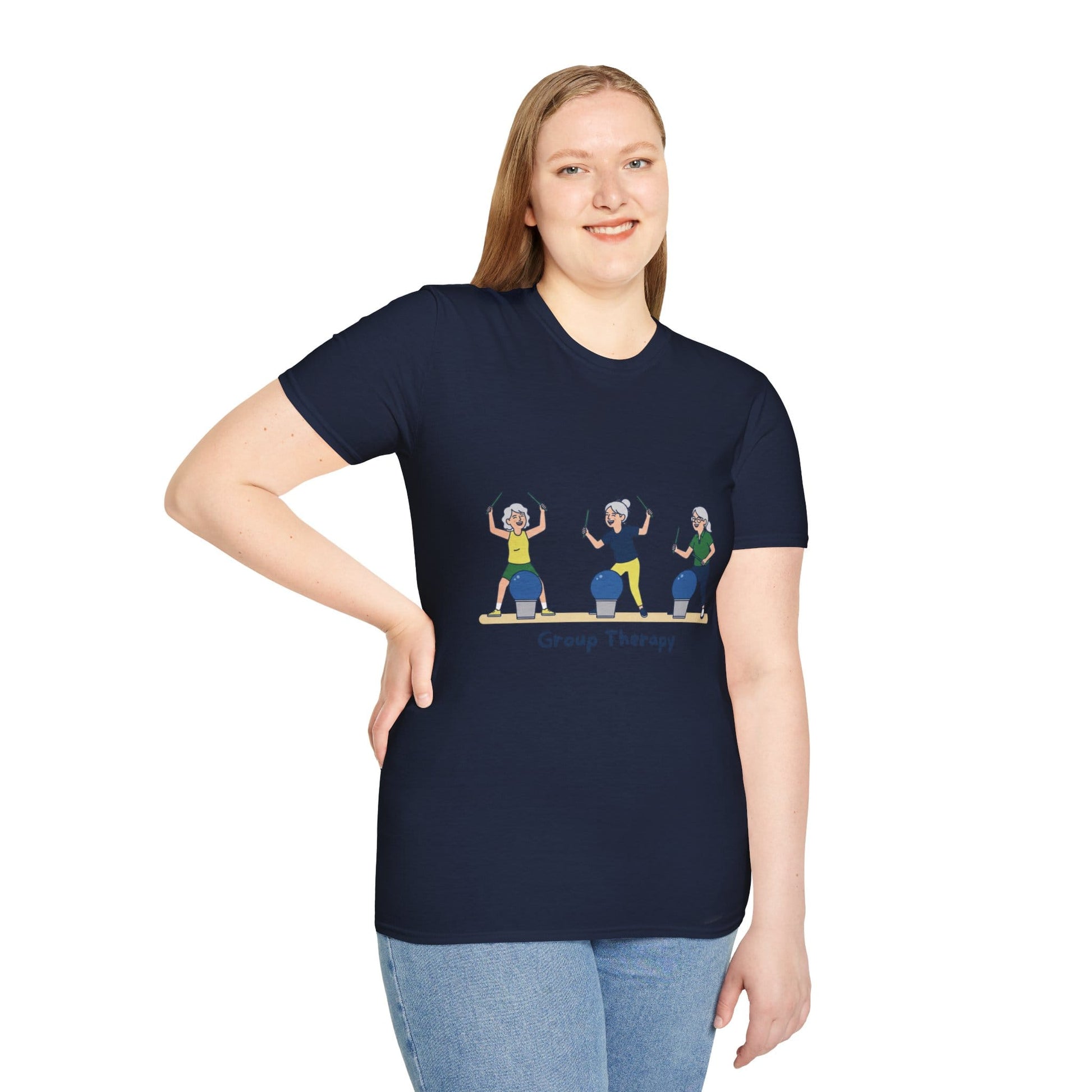 Printify Florida Villages of  Cardio Drumming "Group Therapy" T-Shirt — TT2E Characters (Seniors) Shirts: White, Black, Navy, Red