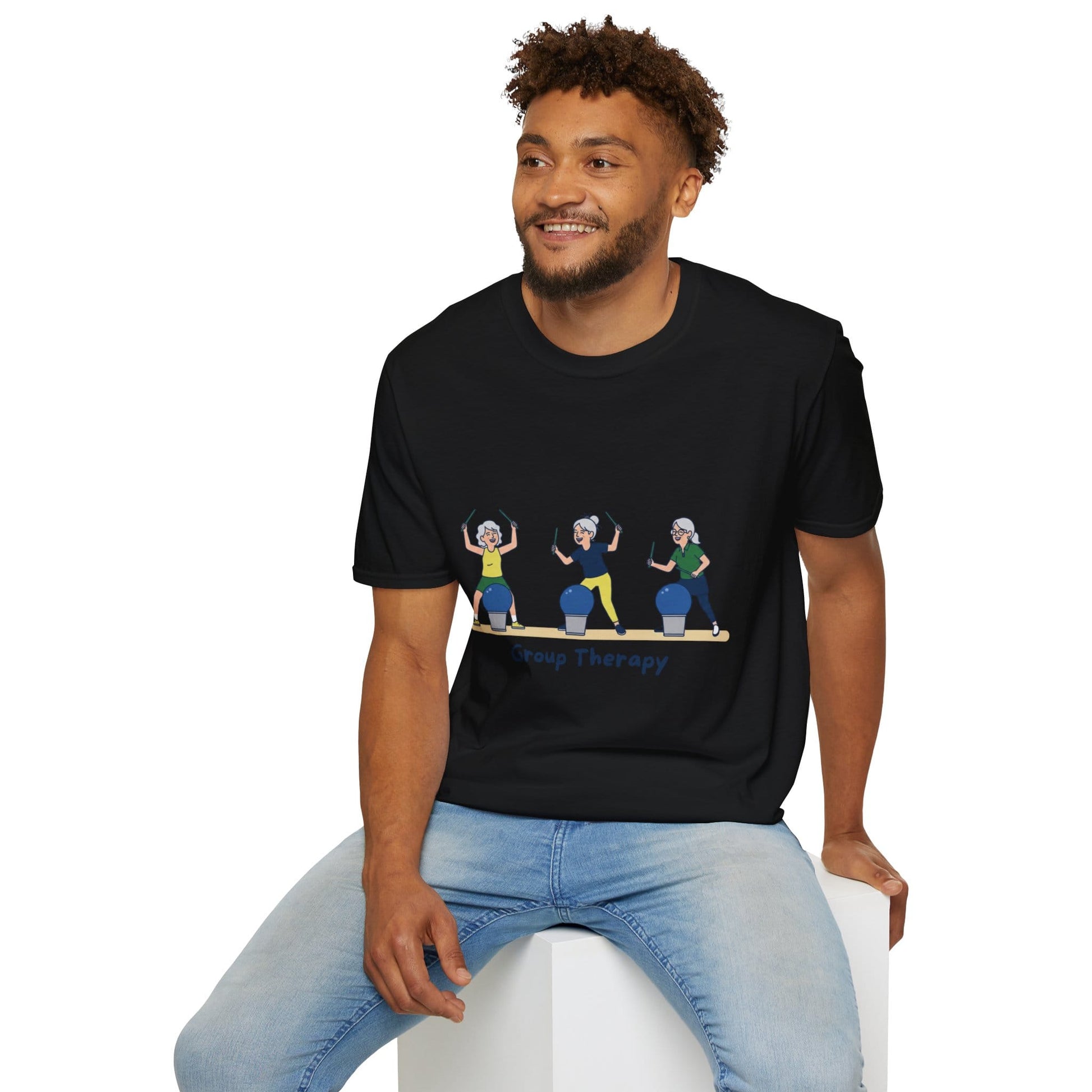 Printify Florida Villages of  Cardio Drumming "Group Therapy" T-Shirt — TT2E Characters (Seniors) Shirts: White, Black, Navy, Red