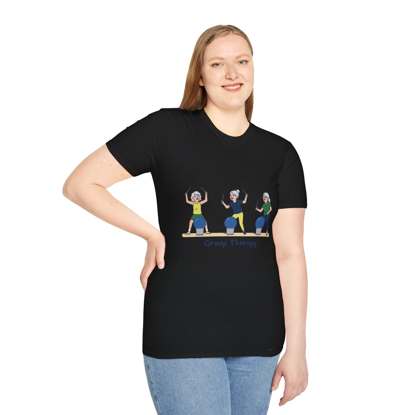 Printify Florida Villages of  Cardio Drumming "Group Therapy" T-Shirt — TT2E Characters (Seniors) Shirts: White, Black, Navy, Red