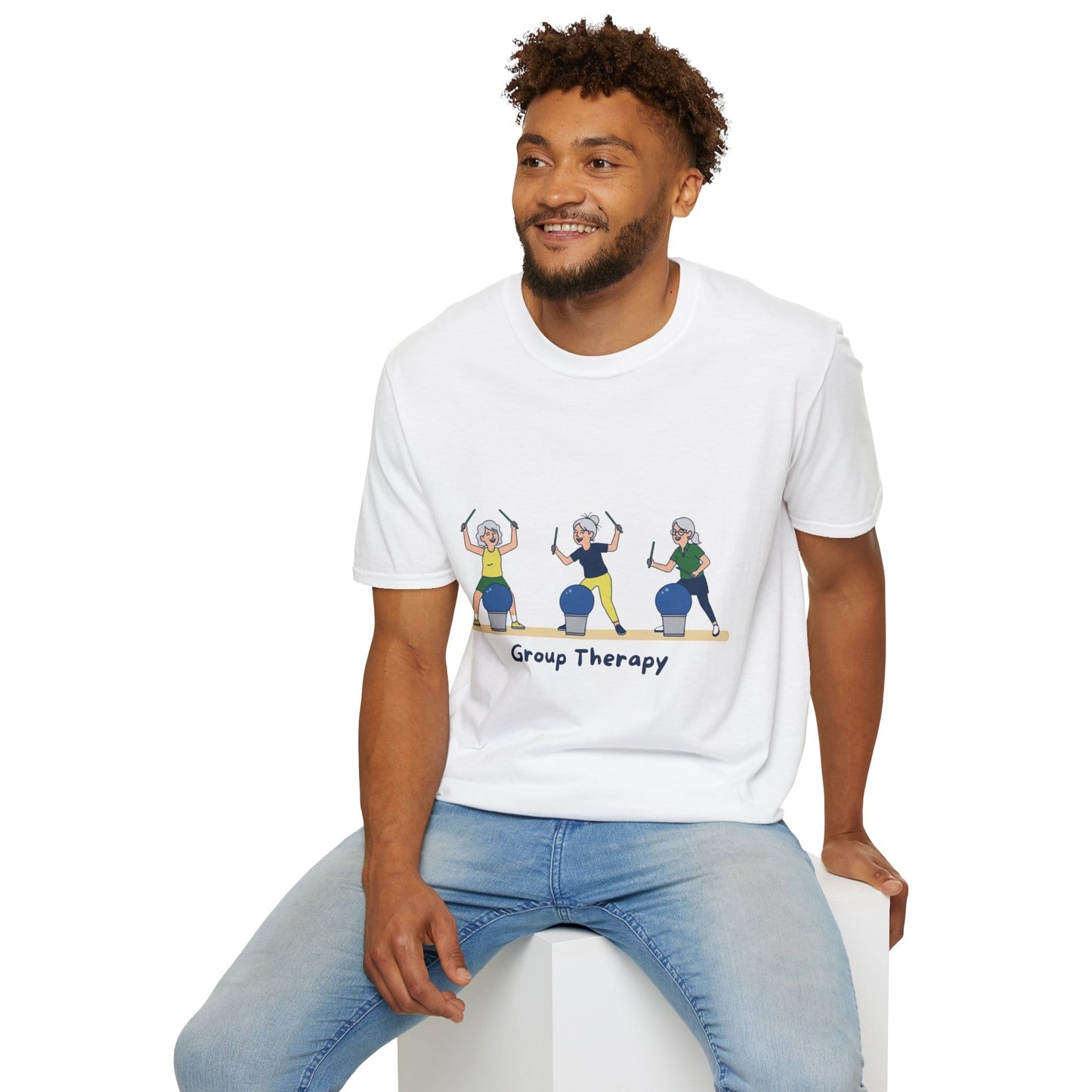 Printify Florida Villages of  Cardio Drumming "Group Therapy" T-Shirt — TT2E Characters (Seniors) Shirts: White, Black, Navy, Red