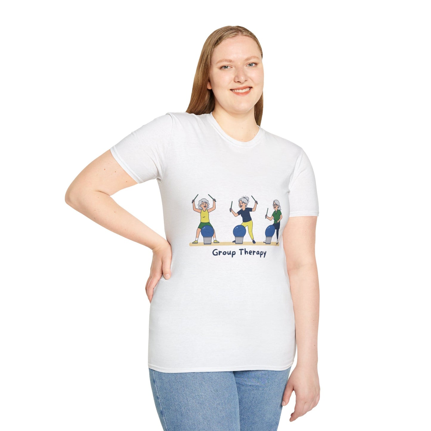 Printify Florida Villages of  Cardio Drumming "Group Therapy" T-Shirt — TT2E Characters (Seniors) Shirts: White, Black, Navy, Red