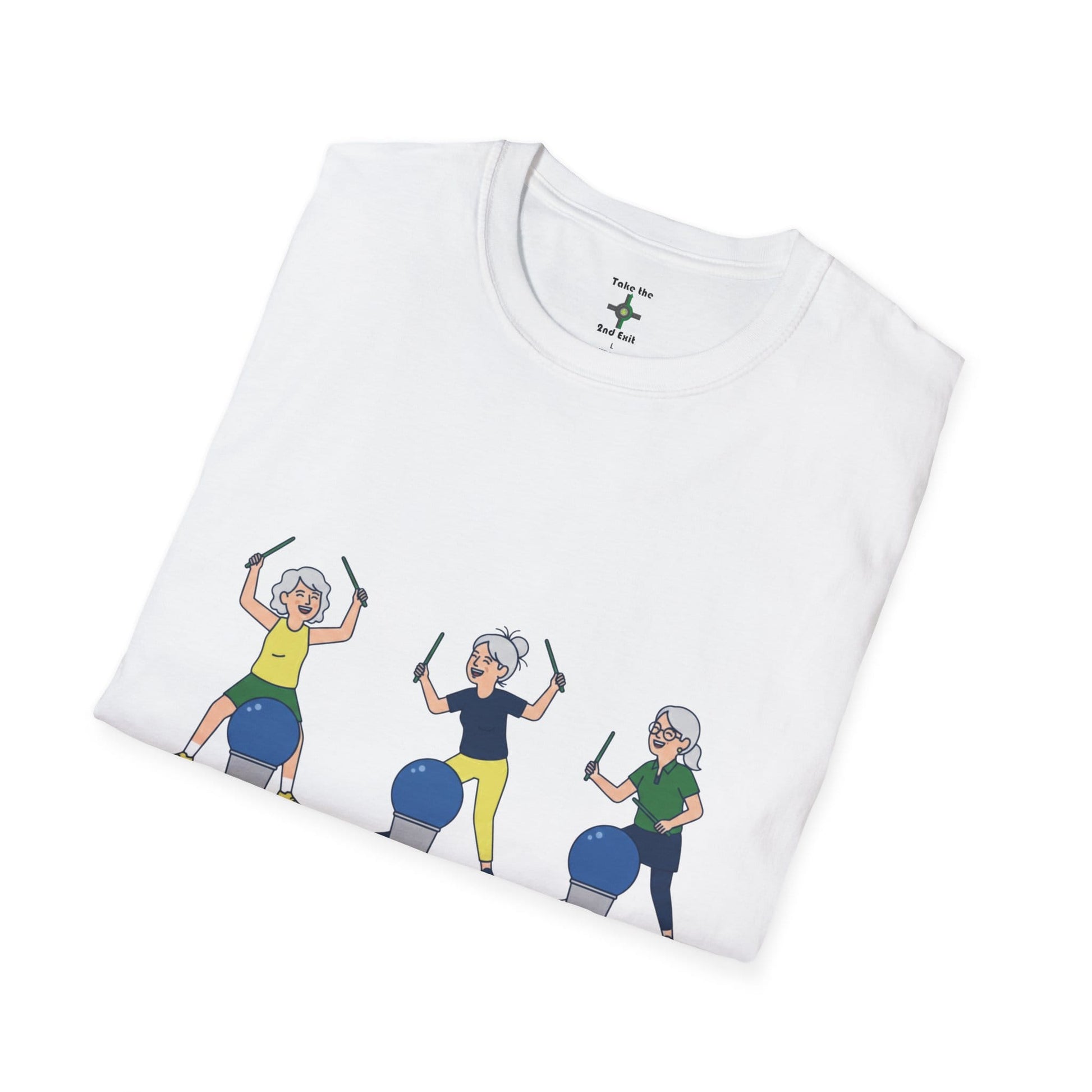 Printify Florida Villages of  Cardio Drumming "Group Therapy" T-Shirt — TT2E Characters (Seniors) Shirts: White, Black, Navy, Red
