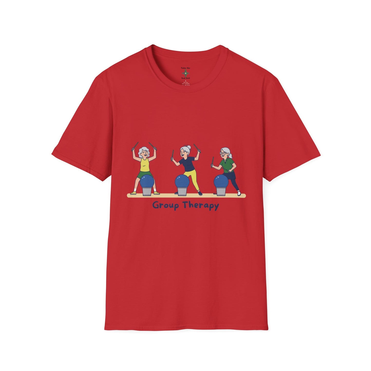 Printify Florida Villages of  Cardio Drumming "Group Therapy" T-Shirt — TT2E Characters (Seniors) Shirts: White, Black, Navy, Red