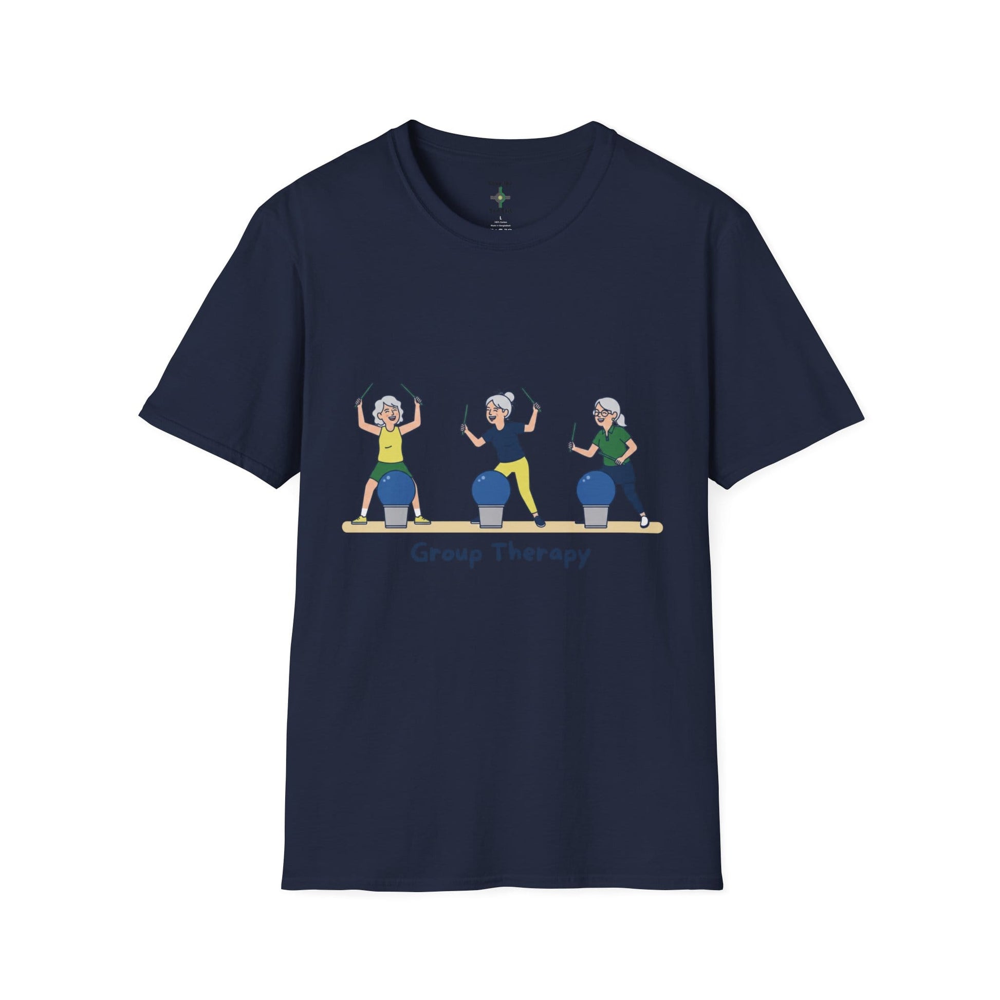 Printify Florida Villages of  Cardio Drumming "Group Therapy" T-Shirt — TT2E Characters (Seniors) Shirts: White, Black, Navy, Red
