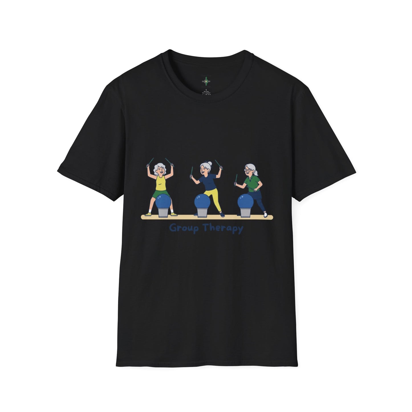 Printify Florida Villages of  Cardio Drumming "Group Therapy" T-Shirt — TT2E Characters (Seniors) Shirts: White, Black, Navy, Red
