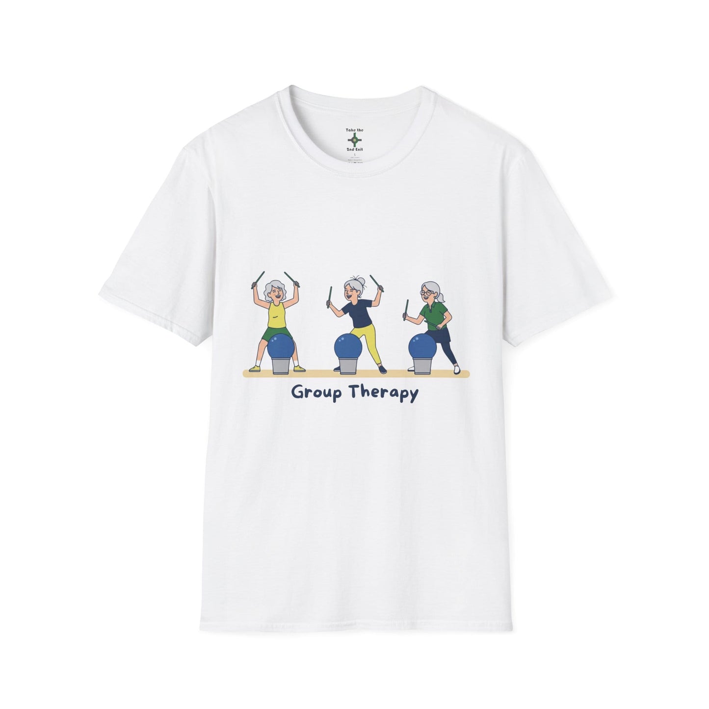 Printify Florida Villages of  Cardio Drumming "Group Therapy" T-Shirt — TT2E Characters (Seniors) Shirts: White, Black, Navy, Red
