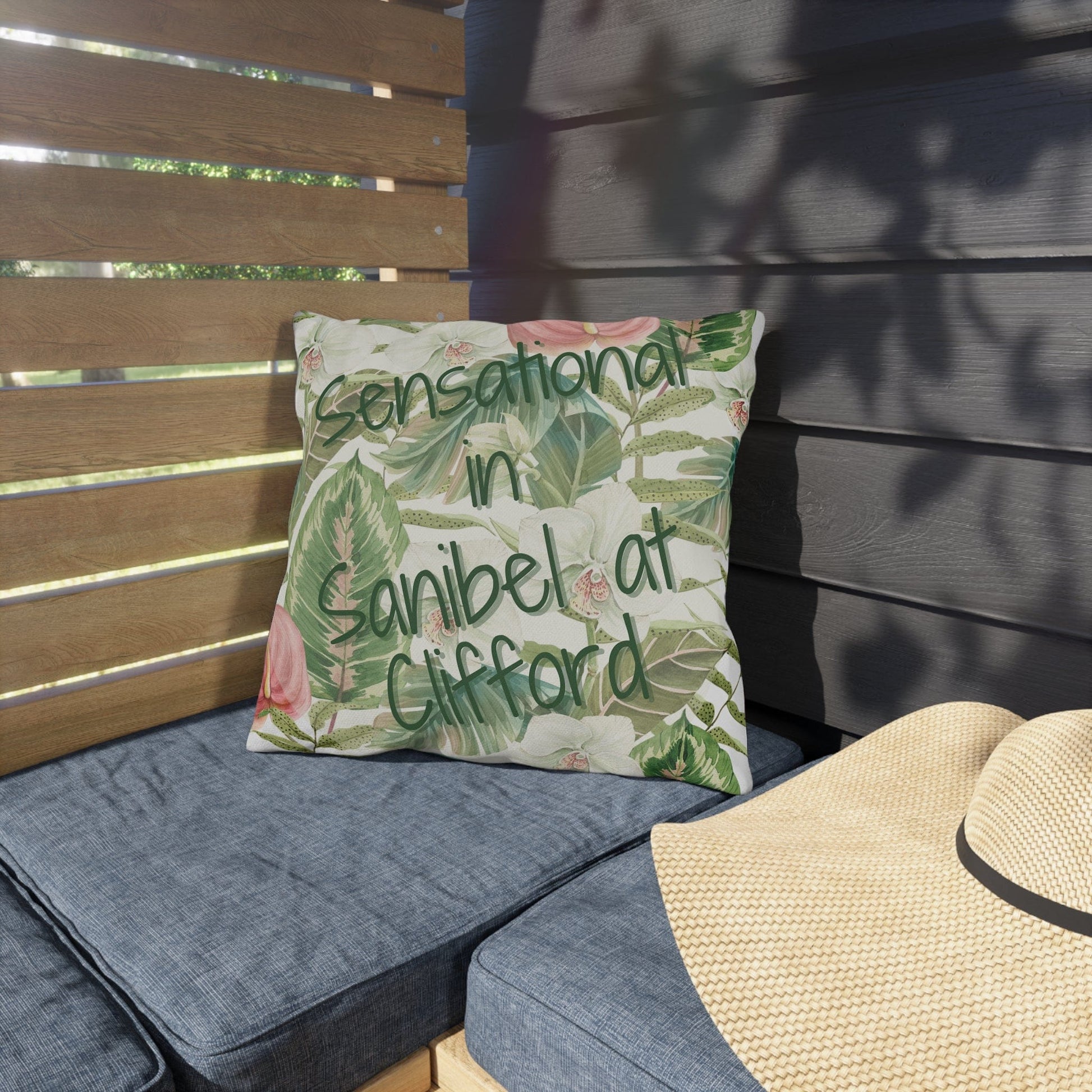 Printify Florida Villages of  Outdoor Pillows (Green Lettering) - Sanibel at Clifford