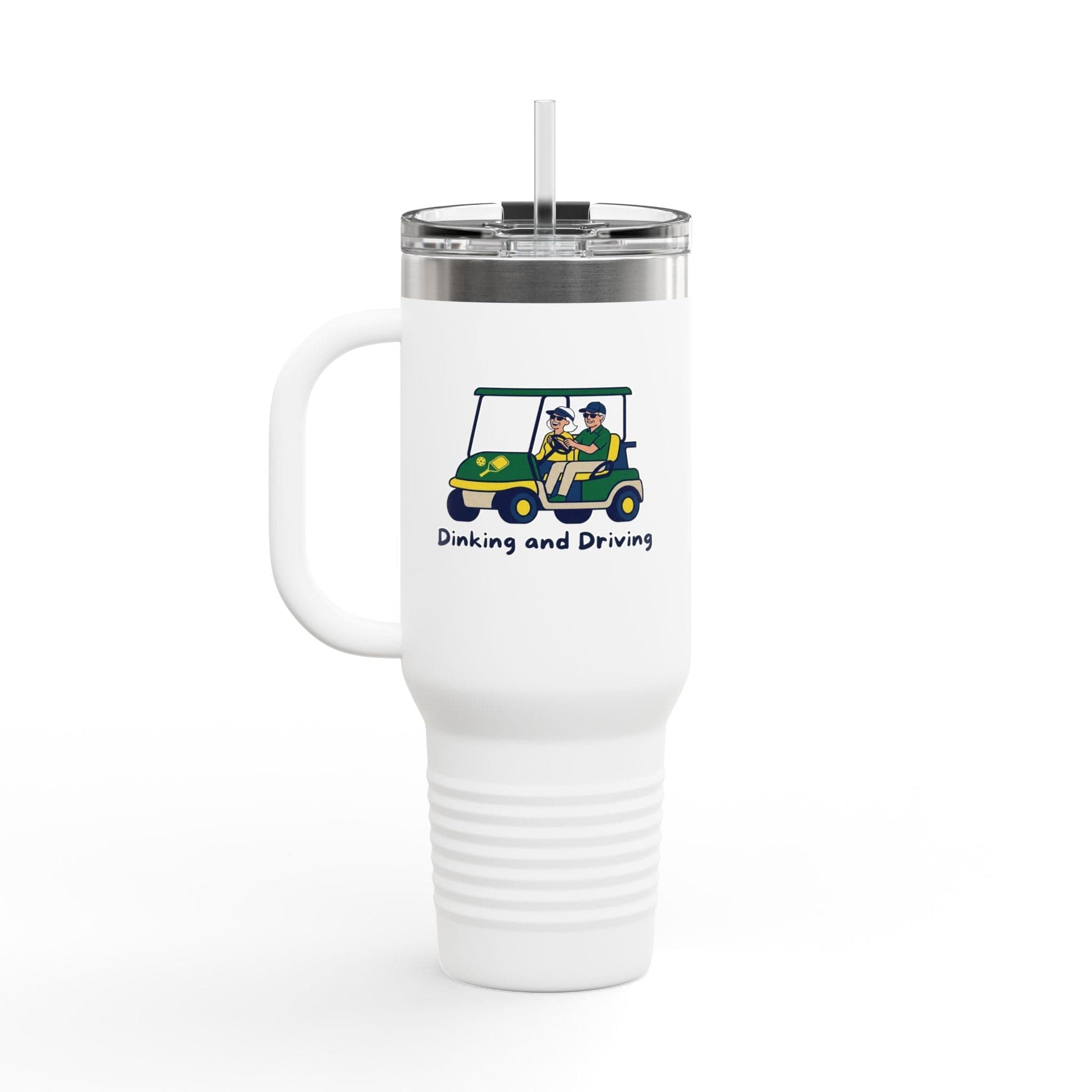 Take the 2nd Exit Florida Villages of  Pickleball Couple 40oz Travel Mug — "Dinking and Driving" Golf Cart Design