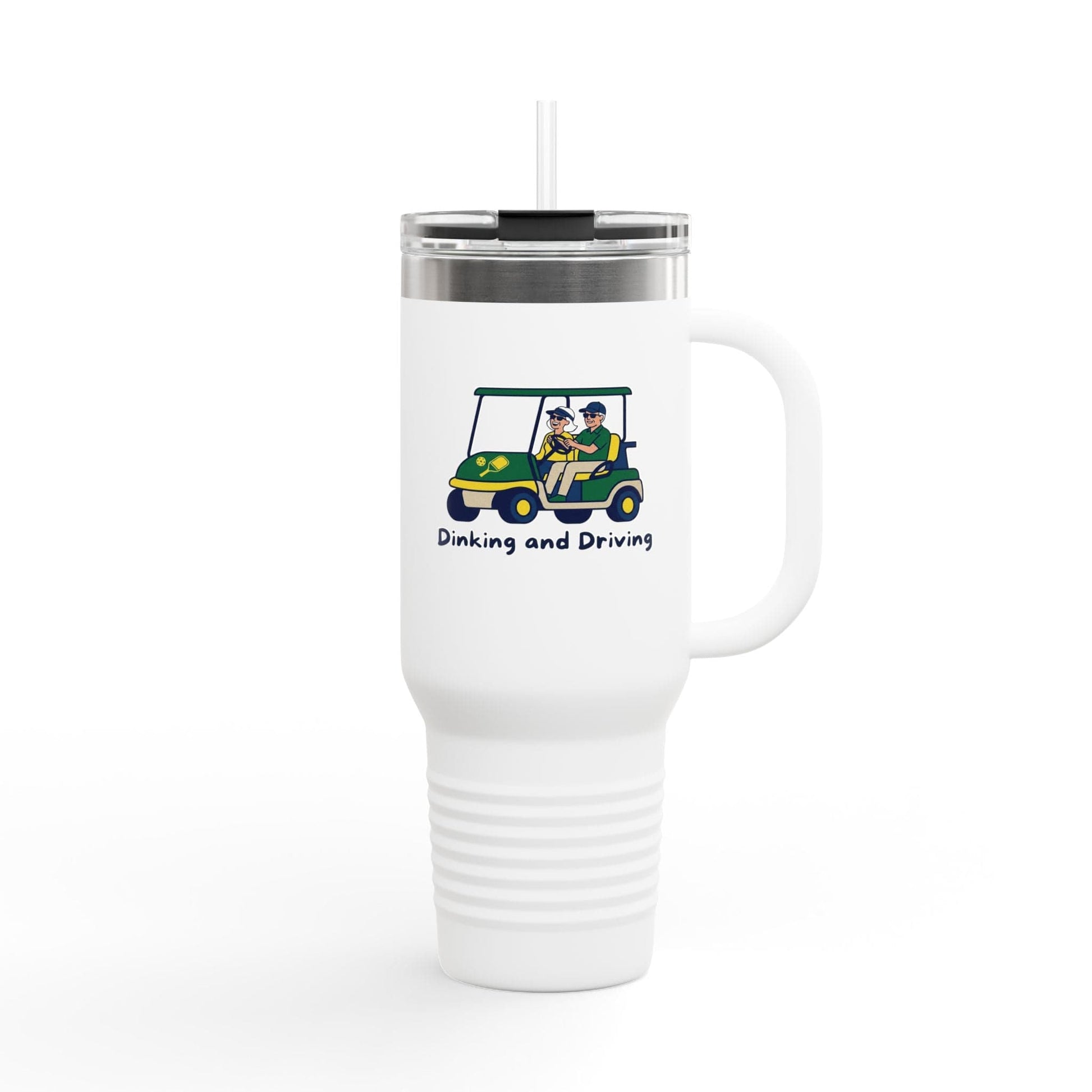 Take the 2nd Exit Florida Villages of  Pickleball Couple 40oz Travel Mug — "Dinking and Driving" Golf Cart Design