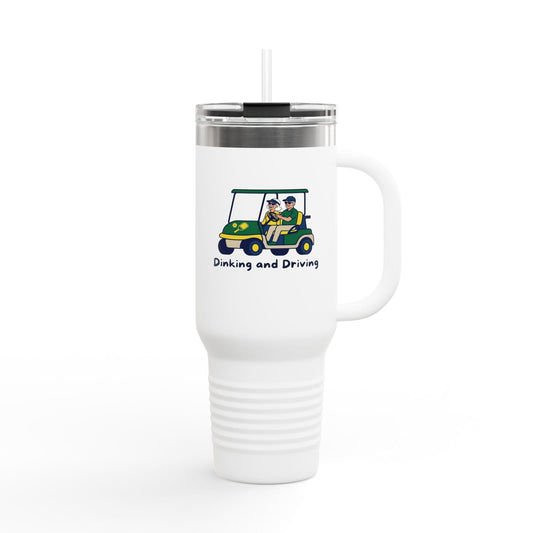 Take the 2nd Exit Florida Villages of  Pickleball Couple 40oz Travel Mug — "Dinking and Driving" Golf Cart Design