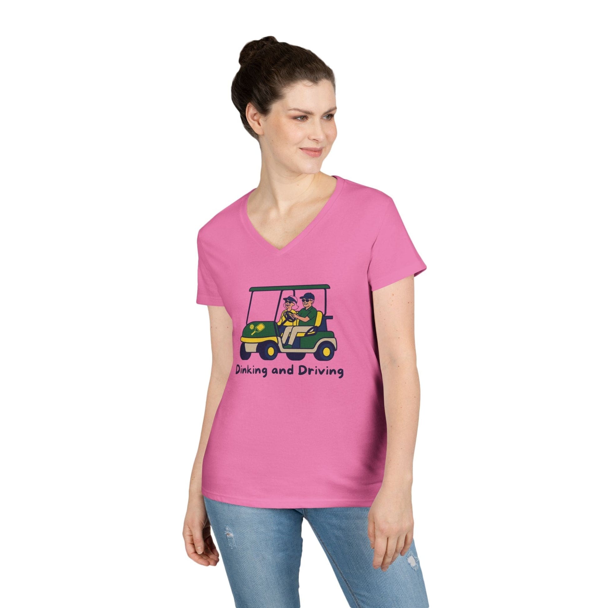 Take the 2nd Exit Florida Villages of  Pickleball Couple V-Neck T-Shirt — 'Dinking and Driving' Golf Cart Design