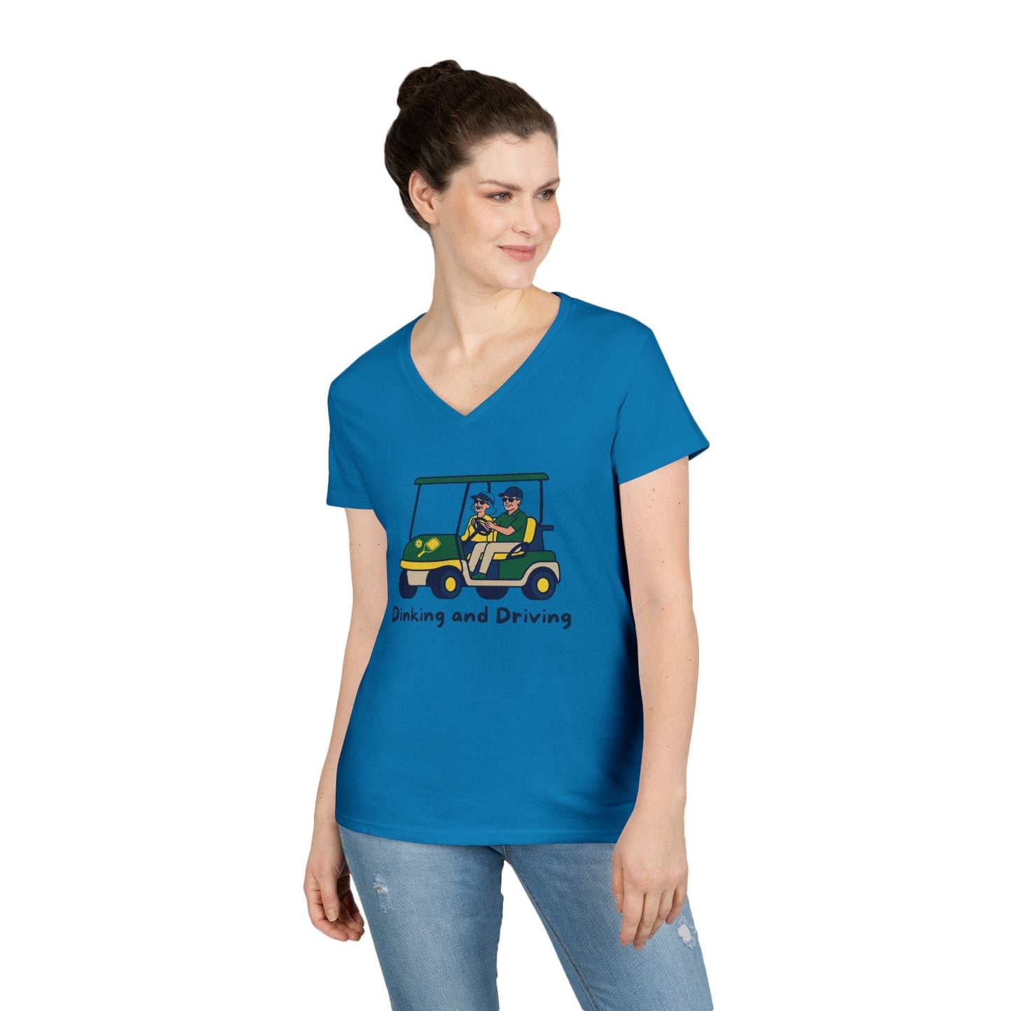 Take the 2nd Exit Florida Villages of  Pickleball Couple V-Neck T-Shirt — 'Dinking and Driving' Golf Cart Design