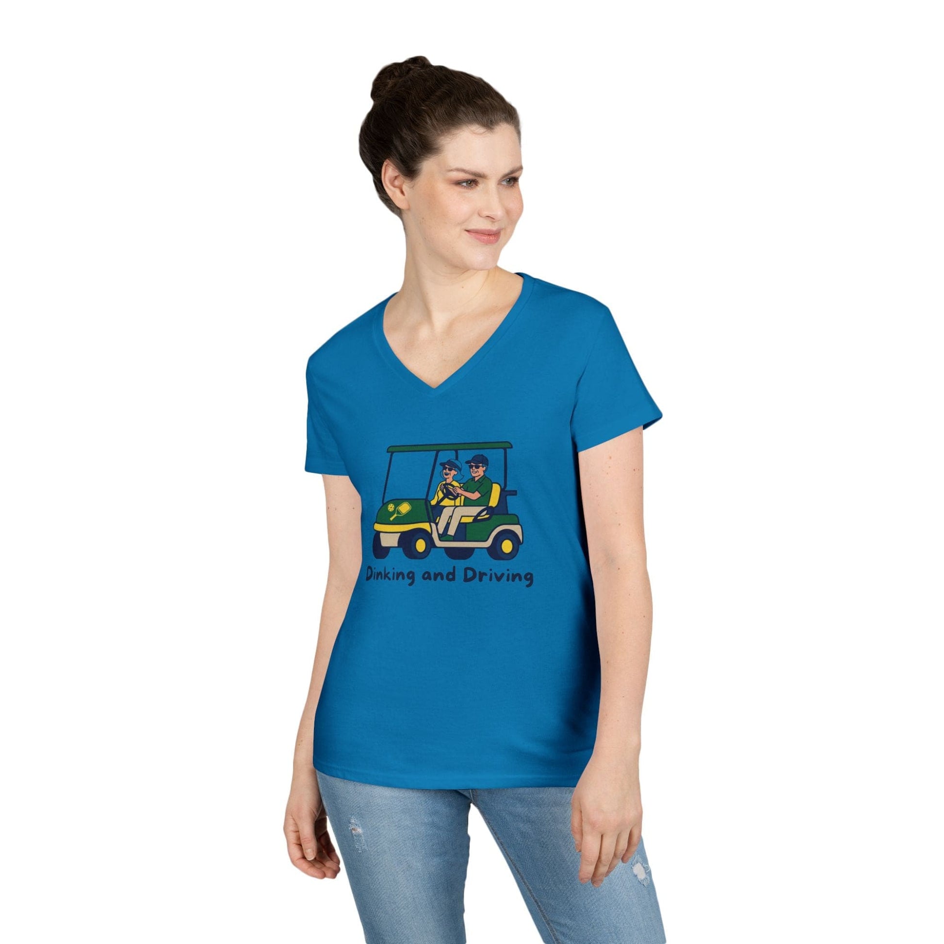 Take the 2nd Exit Florida Villages of  Pickleball Couple V-Neck T-Shirt — 'Dinking and Driving' Golf Cart Design