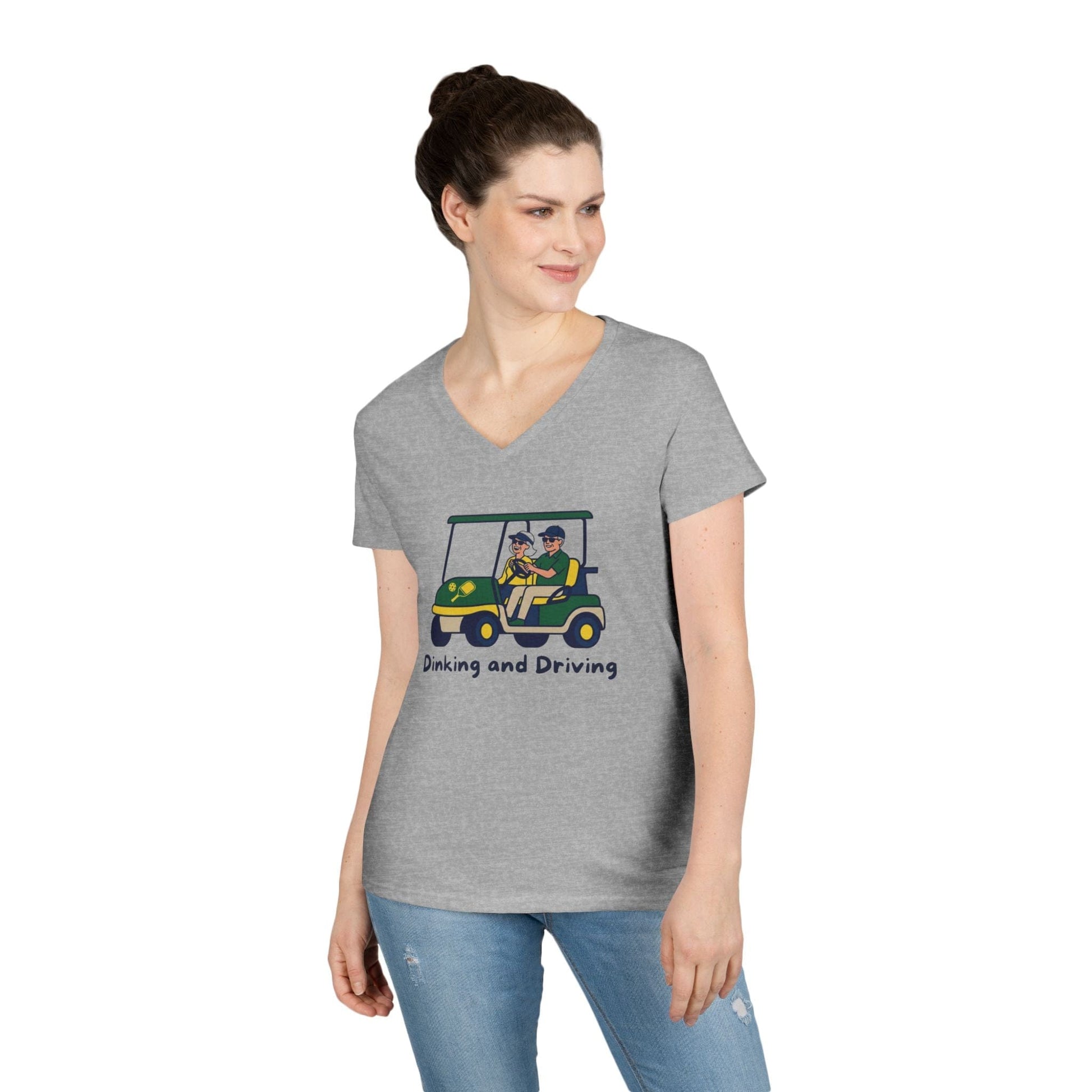 Take the 2nd Exit Florida Villages of  Pickleball Couple V-Neck T-Shirt — 'Dinking and Driving' Golf Cart Design