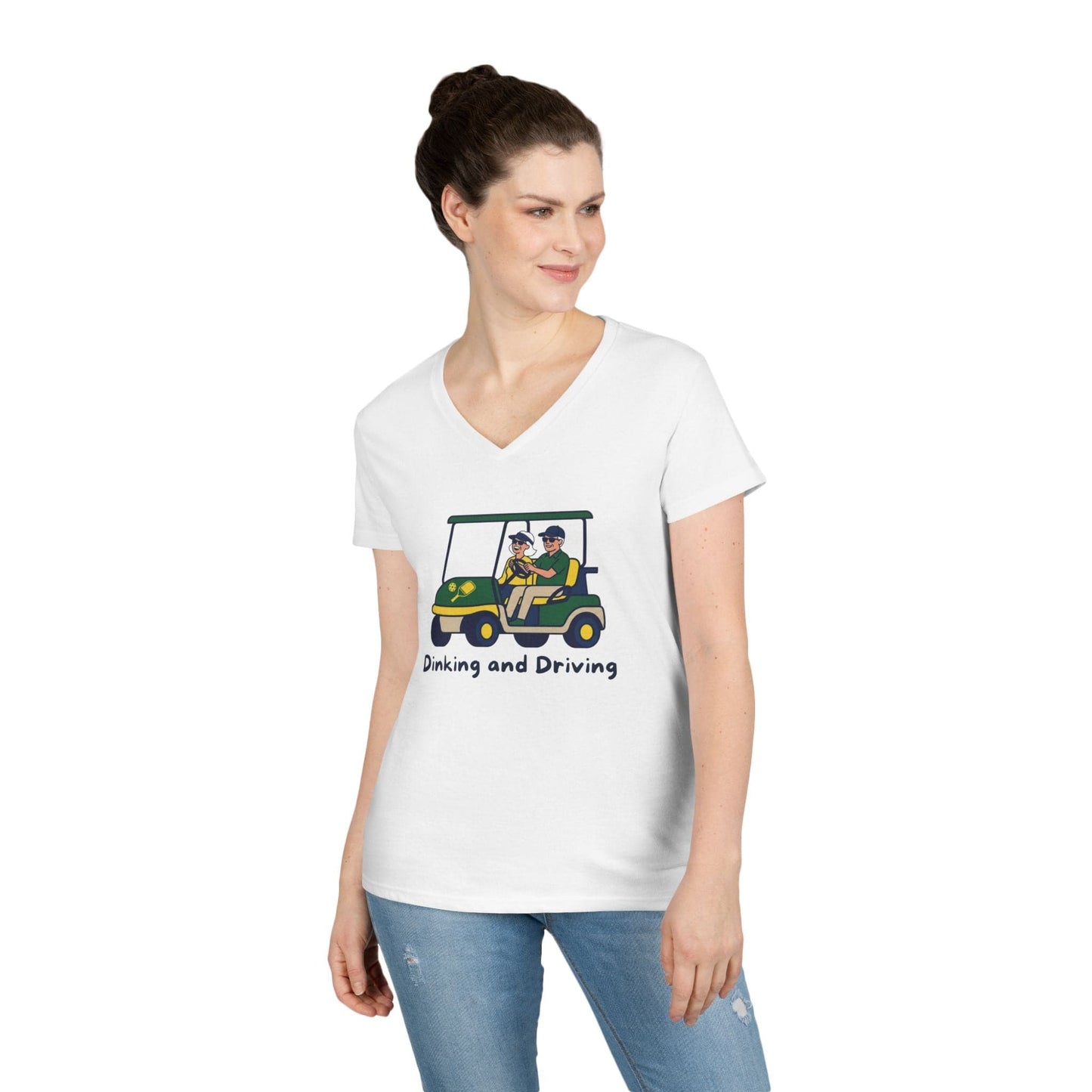 Take the 2nd Exit Florida Villages of  Pickleball Couple V-Neck T-Shirt — 'Dinking and Driving' Golf Cart Design