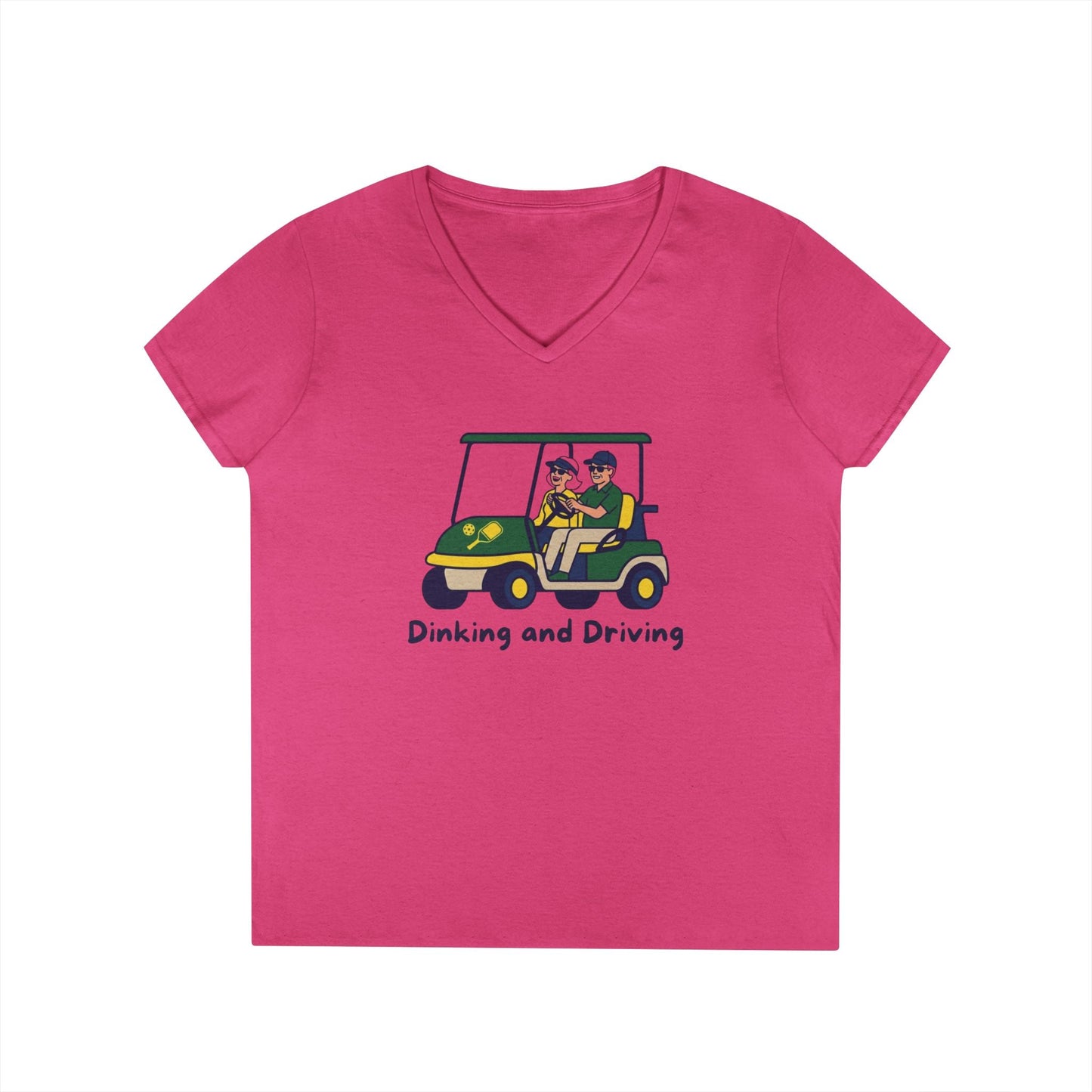 Take the 2nd Exit Florida Villages of  Pickleball Couple V-Neck T-Shirt — 'Dinking and Driving' Golf Cart Design