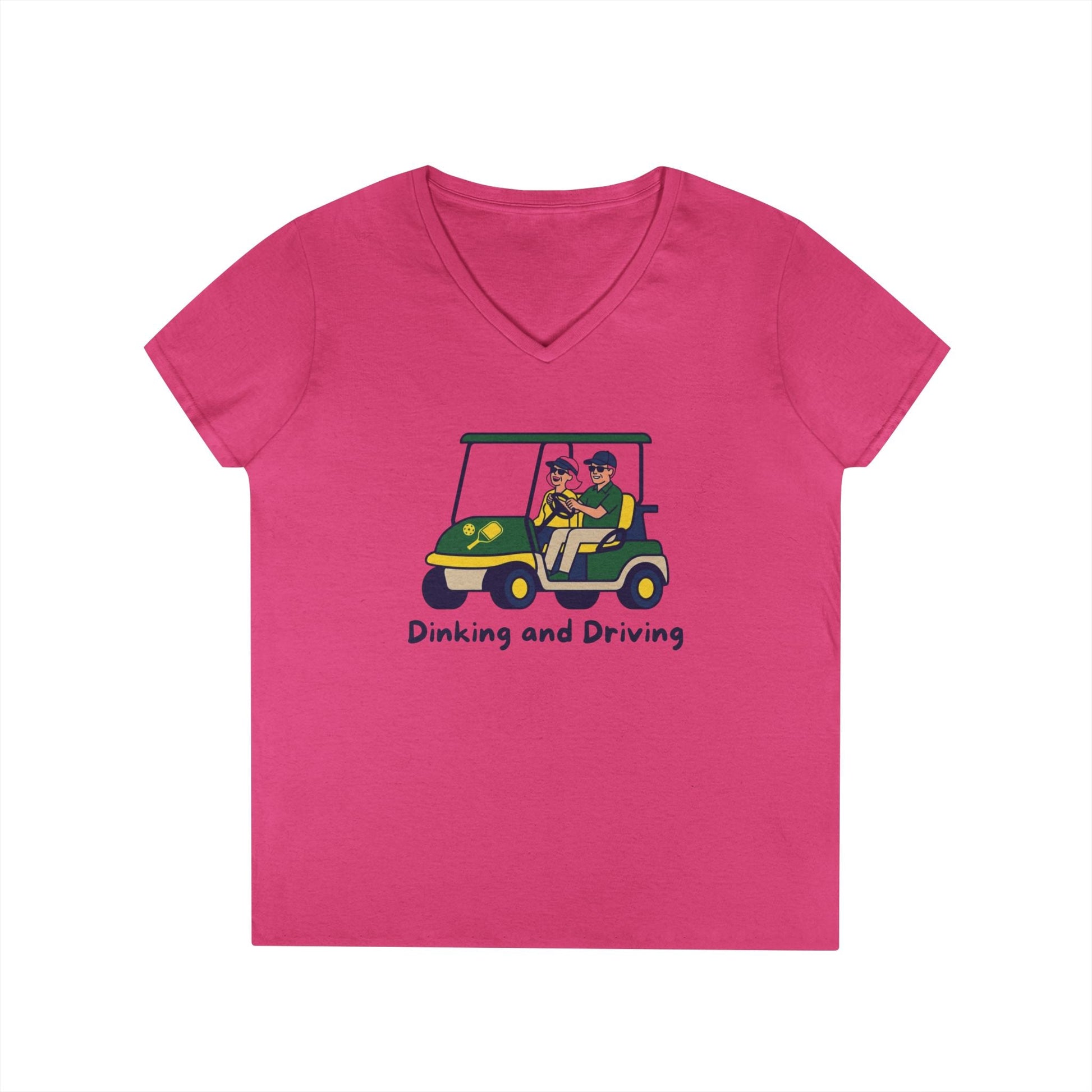 Take the 2nd Exit Florida Villages of  Pickleball Couple V-Neck T-Shirt — 'Dinking and Driving' Golf Cart Design