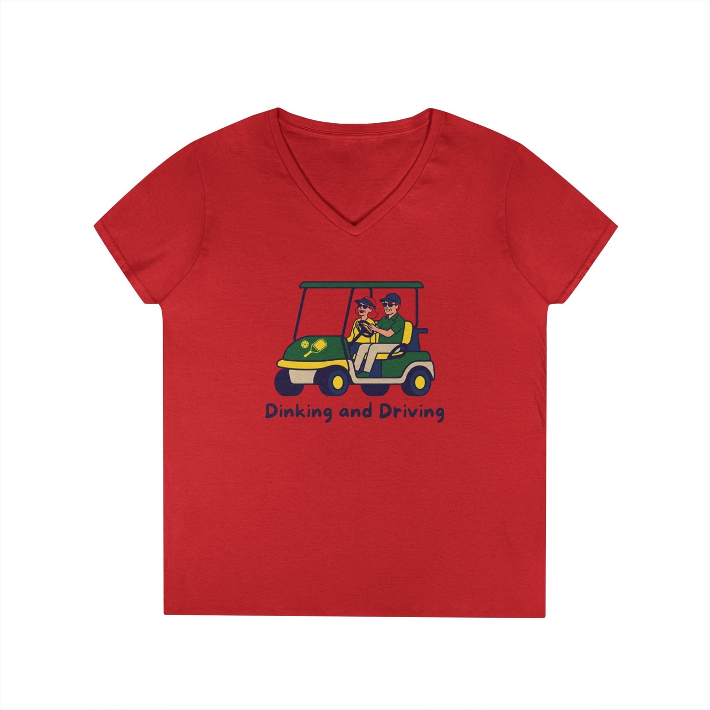 Take the 2nd Exit Florida Villages of  Pickleball Couple V-Neck T-Shirt — 'Dinking and Driving' Golf Cart Design