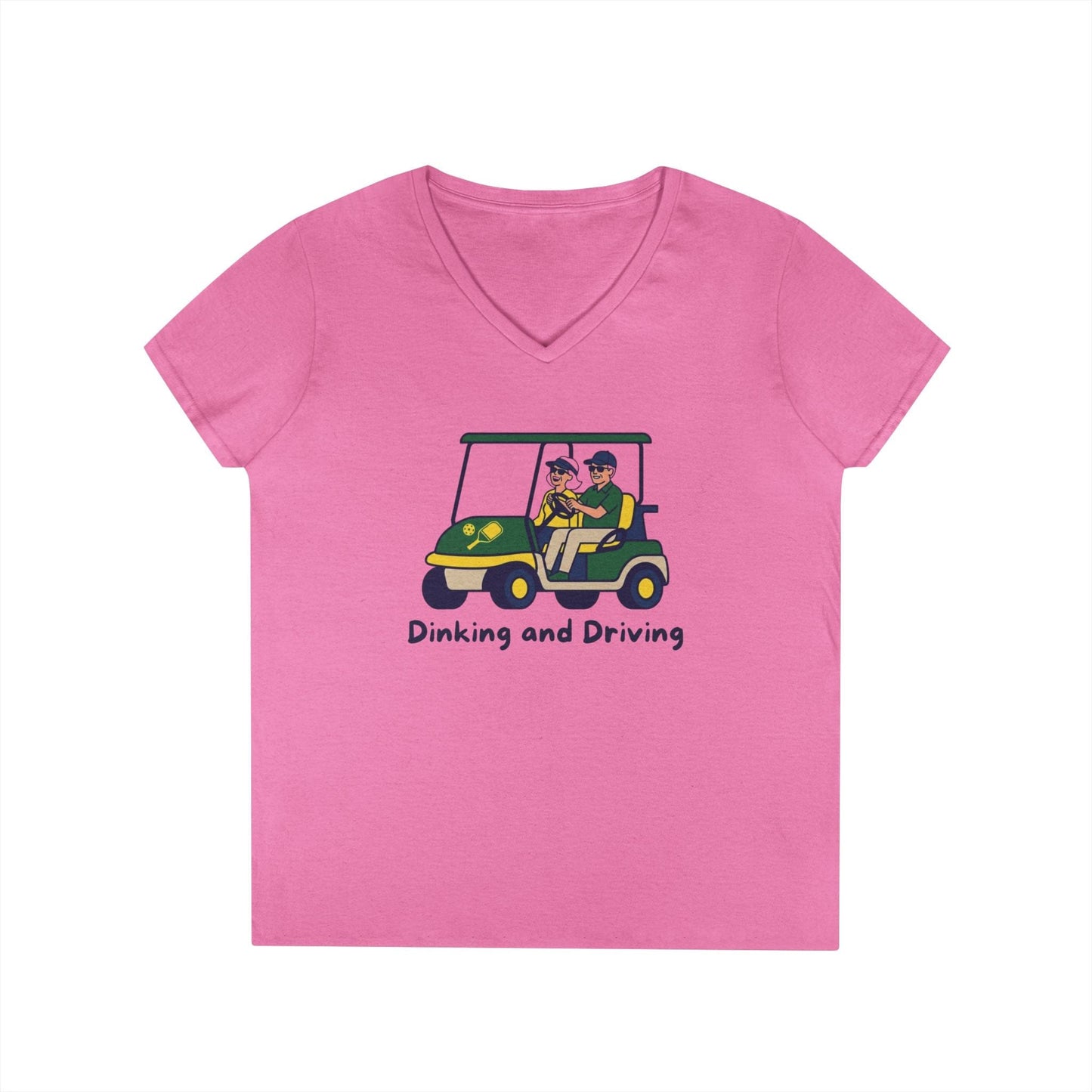 Take the 2nd Exit Florida Villages of  Pickleball Couple V-Neck T-Shirt — 'Dinking and Driving' Golf Cart Design