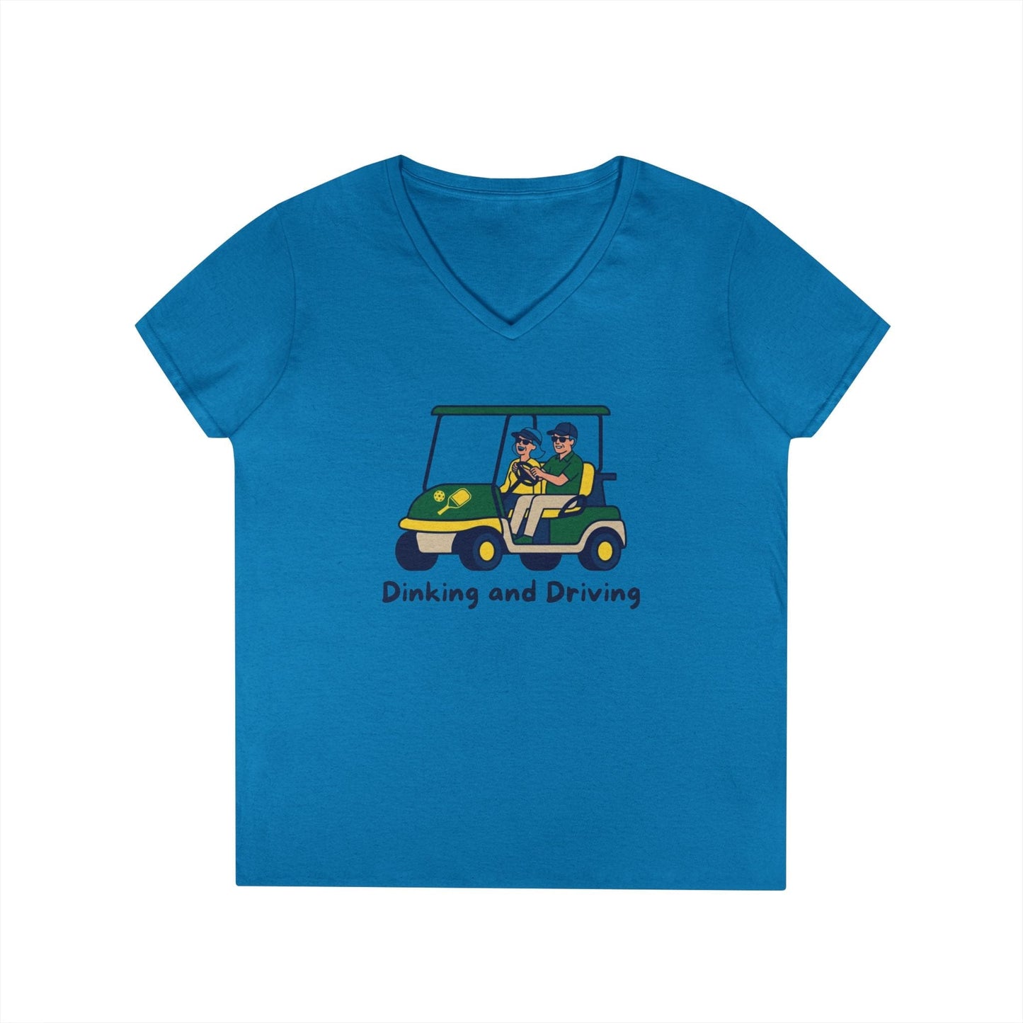 Take the 2nd Exit Florida Villages of  Pickleball Couple V-Neck T-Shirt — 'Dinking and Driving' Golf Cart Design