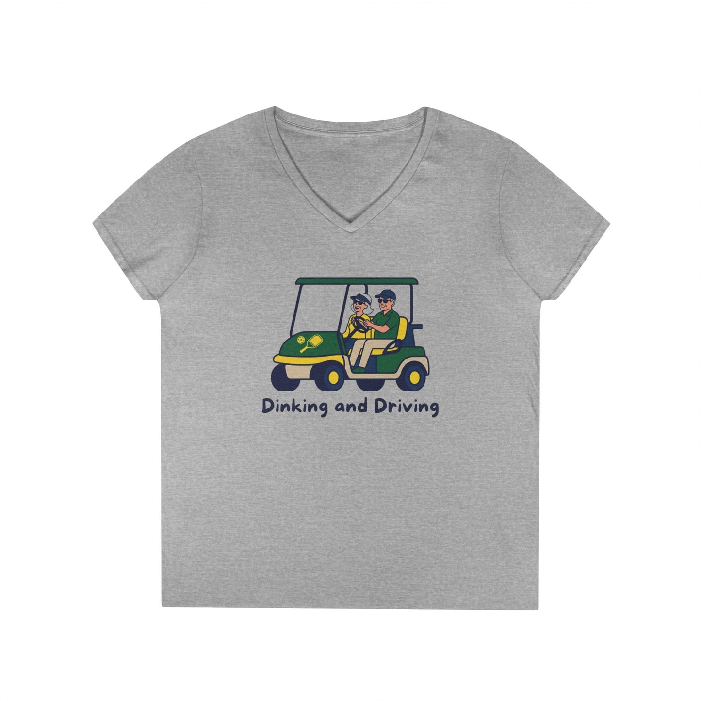 Take the 2nd Exit Florida Villages of  Pickleball Couple V-Neck T-Shirt — 'Dinking and Driving' Golf Cart Design
