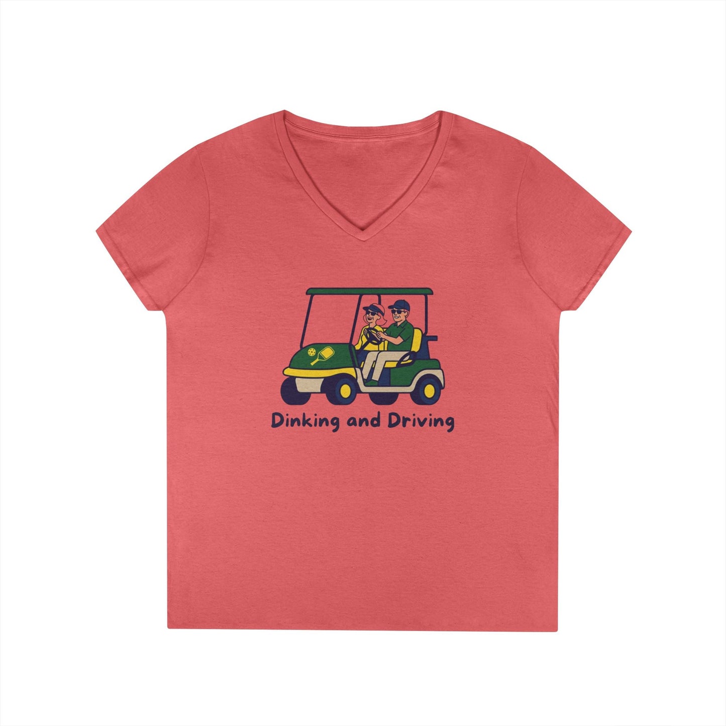 Take the 2nd Exit Florida Villages of  Pickleball Couple V-Neck T-Shirt — 'Dinking and Driving' Golf Cart Design