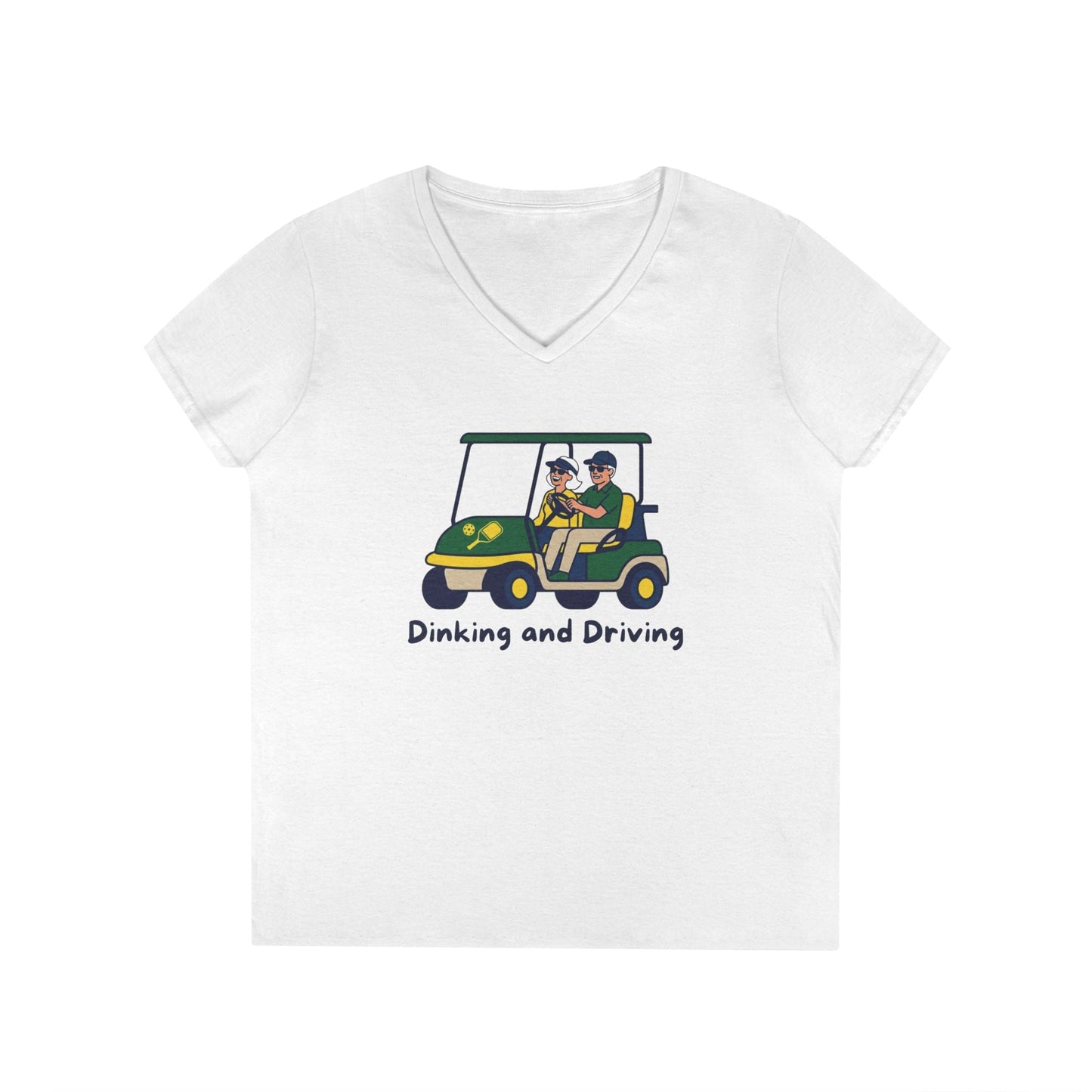 Take the 2nd Exit Florida Villages of  Pickleball Couple V-Neck T-Shirt — 'Dinking and Driving' Golf Cart Design
