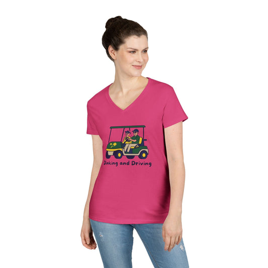 Take the 2nd Exit Florida Villages of  Pickleball Couple V-Neck T-Shirt — 'Dinking and Driving' Golf Cart Design